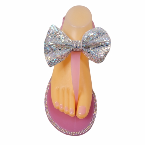 New Women's Bamboo Pink Rhinestone Jelly Thong Sandals - Picture 2 of 10